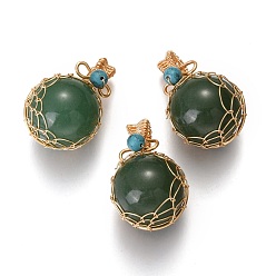 Зеленый Авантюрин Подвески из натурального зеленого авантюрина и бирюзы, с фурнитурой позолоченной латунной, круглые, 26.5~28x17~17.5x16.5 мм, отверстие : 3~5 мм
