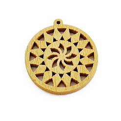 Light Khaki Wood Pendants, for Earring Jewelry Making, Flat Round with Flower, Light Khaki, 28mm