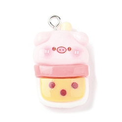 Drink Подвески из непрозрачной смолы с милой тематикой свиньи, имитация еды, с платиновым тоном железная петля, пузырьковый чай, 28.5x16.5x8.5 мм, отверстие : 2 мм