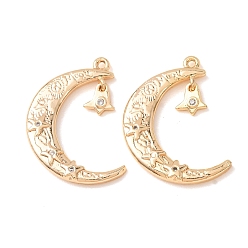 Chapado en Oro Real 18K Latón con colgantes de diamantes de imitación de cristal, Luna con encantos de estrellas, real 18 k chapado en oro, 27x18.5~19x3 mm, agujero: 1.2 mm
