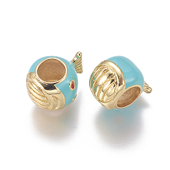 Cyan Brass Enamel European Beads, Large Hole Beads, Long-Lasting Plated, Fish, Golden, Cyan, 12x10x7.5mm, Hole: 5mm