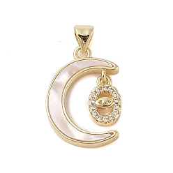 Eye Brass Micro Pave Clear Cubic Zirconia Pendants, with Shell, Cadmium Free & Lead Free, Moon, Real 18K Gold Plated, Eye, 21.5x15x3mm, Hole: 4x3.5mm