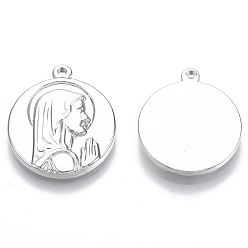 Real Platinum Plated 304 Stainless Steel Pendants, Flat Round with Praying Virgin Mary, Real Platinum Plated, 21x18.5x2.8mm, Hole: 1.2mm