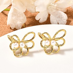 Цветок 304 из нержавеющей стали серьги, с жемчугом из раковины , реальный 18 k позолоченный, цветок, 21x27 мм