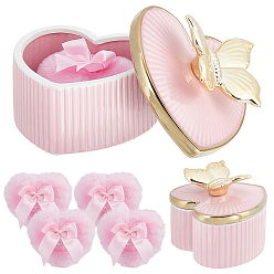 Pink 1Pc Porcelain Jewelry Storage Boxes, Heart with Butterfly, with 4Pcs Wool Cosmetics Makeup Powder Puff, Pink, 9.95x10x8.4cm