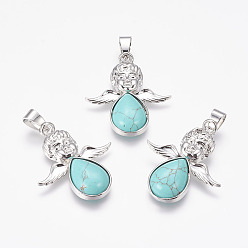 Synthetic Turquoise Dyed Synthetic Turquoise Pendants, Angel, with Brass Finding, Platinum, 35x29.5x6mm, Hole: 4x7mm