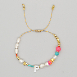 Letter P Initial Letter Natural Pearl Braided Bead Bracelet, Adjustable Bracelet, Letter P, 11 inch(28cm)