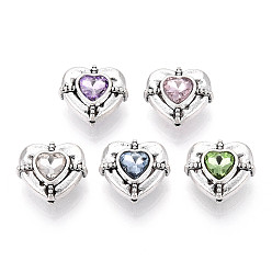 (52) Непрозрачная лаванда Сплавочные овальные бусины тибетского стиля , сердце, со стразами, античное серебро, разноцветные, 13.5x15x8 мм, отверстие : 1 мм