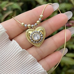 Настоящее золото 18K Религиозное латунное сердце с подвеской в виде Девы Марии на цепочке для женщин., реальный 18 k позолоченный, 15.75 дюйм (40 см)