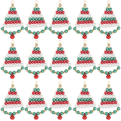 Разноцветный 20шт. подвески из перламутрового стекла, окрашенные в технике запекания, Рождественские елки, с золотой медной проволокой и колокольчиком, красочный, 47x32x4.5~6 мм, отверстие : 4 мм