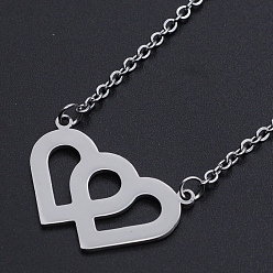 Stainless Steel Color Non-Tarnish Valentine's Day Theme, 201 Stainless Steel Pendant Necklaces, with Cable Chains and Lobster Claw Clasps, Heart with Heart, Stainless Steel Color, 17.12 inch(43.5cm), 2mm