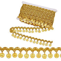Gold Polyester Braided Metallic Lace Trim with Metal Flat Round Tassel, for Curtain, Clothes Decoration, Gold, 1-3/8 inch(34~35mm), 10yards/set