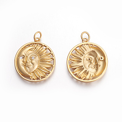 Матовый Золотой Цвет Латунные микро проложить кубического циркония подвески, без свинца и без кадмия, плоский круглый с солнцем и луной, прозрачные, матовый золотой цвет, 22x20x2.5 мм, отверстие : 3.5 мм