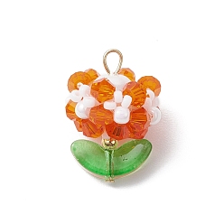 Темно-Оранжевый Стеклянные подвески, цветок, со стеклянными бусинами и 304 петлей из нержавеющей стали, граненые, темно-оранжевый, 22x15.5 мм, отверстие : 3 мм