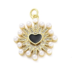 Черный Латунные подвески с имитацией жемчуга из микрофибры и эмали из АБС-пластика, сердце прелести, с целью перехода в кольце, без кадмия и без свинца, реальный 16 k позолоченный, чёрные, 24.5x21x4.5 мм