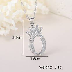 Letter O Хип-хоп латунные микропаве кубические цирконии корона инициал подвеска ожерелья, 304 ожерелья из нержавеющей стали с цепочкой для женщин, платина, Письмо O, 15.75 дюйм (40 см)