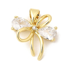 Настоящее золото 18K Латунные микропаве прозрачные подвески с фианитом, бантом прелести, долговечный, без кадмия и без свинца, стойки покрытие, реальный 18 k позолоченный, 16x16.5x5.5 мм, отверстие : 5x3 мм