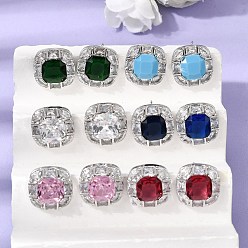 Platine Boucles d'oreilles puces en laiton pavé de zirconiums cubiques et verre, carrée, crémaillère plaquage, plaqué longue durée, sans cadmium et sans plomb, platine, 14.5x15mm