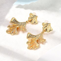 Настоящее золото 18K Серьги-гвоздики из латуни с листьями гинкго, долговечный, без никеля , реальный 18 k позолоченный, 35x19.5 мм