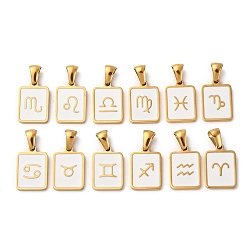 Белый 304 нержавеющей стальной эмали подвески, прямоугольник с двенадцати созвездий, золотые, белые, 15.5x10.5x1.5 мм, отверстие : 3x5.8 мм