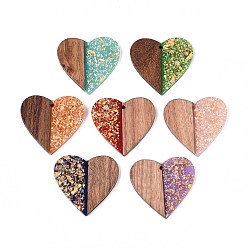 (52) Непрозрачная лаванда Подвески из непрозрачной смолы и орехового дерева, сердце прелести, с блестящей пудрой и золотой фольгой, разноцветные, 37.5x39x3~3.5 мм, отверстие : 2 мм