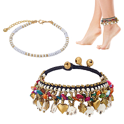 (52) Непрозрачная лаванда 2 шт. 2 стили браслеты на лодыжку в стиле бохо с дисками из драгоценных камней, украшенные бусинами хейши, и браслеты на лодыжку с кисточками из окрашенной синтетической бирюзы в виде слона для женщин, золотые, белые, 9-1/4 дюйм (235 мм) и 9-3/4 дюйм (247 мм), 1 шт / стиль