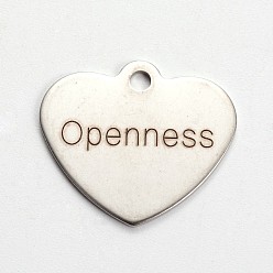 Stainless Steel Color Non-Tarnish 201 Stainless Steel Heart Pendants, with Word Openness, Cadmium Free & Nickel Free & Lead Free, Stainless Steel Color, 21x24x1mm, Hole: 2mm