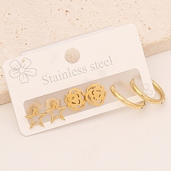 Золотой 3 пары 3 стиль 304 серьги-кольца из нержавеющей стали, серьги, цветок, звезда и кольцо, золотые, 60x40 мм, 1 пара / стиль