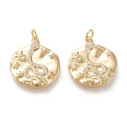 Настоящее золото 18K Латунные микропаве прозрачные подвески с фианитом, с прыжковых колец, долговечный, плоский круглый со звездой и змеей, прозрачные, реальный 18 k позолоченный, 23x20.3x2 мм, отверстие : 3.2 мм