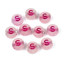 Letter S Светящиеся матовые акриловые бусины, гальваническим, плоские круглые с буквы, светится в темноте, Письмо с, 10x5 мм, отверстие : 2 мм, Около 1390 шт / 500 г