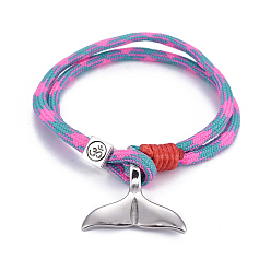 Deep Pink Mult-strand Bracelets, with Polyester & Spandex Cord Ropes , Alloy European Cube Beads, 304 Stainless Steel Pendants, Whale Tail Shape, Deep Pink, 7-5/8 inch(19.5cm)