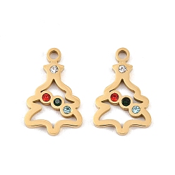 Christmas Tree Christmas 304 Stainless Steel Pendants, with Rhinestone, Ion Plating(IP), Golden, Christmas Tree Charms, 17.5x11x1.5mm, Hole: 1.5mm
