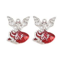 Platino Acumular colgantes de esmalte de la aleación de chapado, corazón con dijes de murciélago, sin cadmio y níque y plomo, Platino, 30x23x4 mm, agujero: 1.8 mm