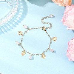 Розовый Кварц Браслеты с подвесками из натурального розового кварца круглой формы, 304 Браслеты из нержавеющей стали с подвесками в виде сердечек для женщин, 7-1/8 дюйм (18 см)