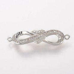 Platinum Brass Micro Pave Cubic Zirconia Links, Infinity, Platinum, 30x8x3mm, Hole: 1mm