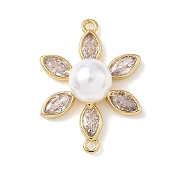 Настоящее золото 18K Шармы-соединители из латуни с паве из кубического циркония, подвески-цветы с искусственным жемчугом из АБС-пластика, белые, долговечный, без кадмия и без свинца, стойки покрытие, реальный 18 k позолоченный, 22x16x8 мм, отверстие : 1 мм