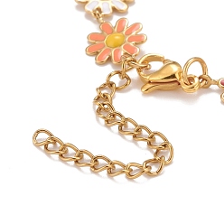 Colorful Enamel Daisy Link Chains Bracelet, Vacuum Plating 304 Stainless Steel Jewelry for Women, Golden, Colorful, 7-1/4 inch(18.4cm)