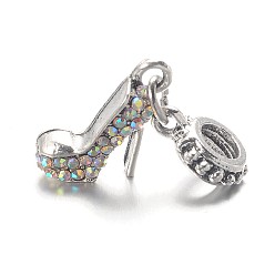Crystal AB High-heeled Shoes Alloy Glass Rhinestone European Dangle Charms, Large Hole Pendants, Antique Silver, Crystal AB, 27mm, Hole: 4.5mm