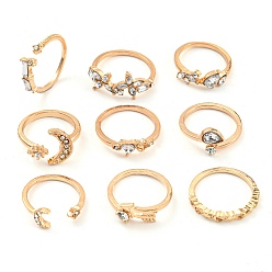Moon Crystal Rhinestone Cuff Rings Set, Golden Alloy Stackable Rings, Moon, Inner Diameter: 16~18mm, 9pcs/set