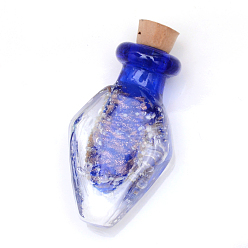 Синий Светящиеся ручной работы Lampwork подвески золотой песок, с деревянной пробкой, Флакон духов, синие, 31.5~32x17.5~18x9~9.5 мм, отверстие : 4.5 мм, емкость бутылки: 0.5 мл (0.017 жидких унций)