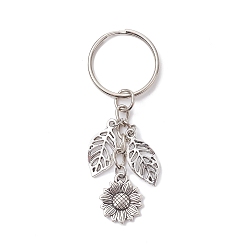 Античное Серебро Подвеска-брелок из сплава в тибетском стиле с подсолнечником и листьями, с железными разрезными брелоками, античное серебро, 7 см, подвески: 17~22x10.5~15.5x1.5~2.5 мм