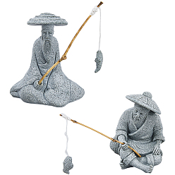 Gray 2Pcs 2 Styles Sandstone Fishermen with Bamboo Pole and Polyester Ornaments, for Home Office Decorations, Gray, 54~58.5x40.5~58.5x69.5~72mm, 1pc/style