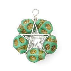 Средний Морско-зеленый Подвески из бисера в виде черепа из синтетической бирюзы, окрашенные в стиле Хэллоуина, подвески-пентаграммы из медной проволоки, покрытой серебром, средний морской зеленый, 30.5x25x10 мм, отверстие : 3 мм