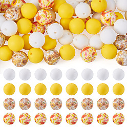 Amarillo 60 piezas 4 estilos de cuentas de silicona redondas de goma 15 mm cuentas espaciadoras sueltas para suministros de bricolaje, fabricación de joyas y llaveros, amarillo, 15 mm