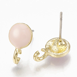 Pink Alloy Stud Earring Findings, with Loop, Unplated Pins and Enamel, Half Round, Light Gold, Pink, 14x9mm, Hole: 2mm, Pin: 0.7mm