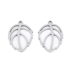 Нержавеющая Сталь Цвет Полые 201 из нержавеющей стали кулоны, лист прелести, лазерная резка, цвет нержавеющей стали, 18x13x1 мм, отверстие : 1.4 мм