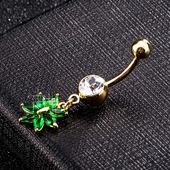 Grün Messing Zirkonia Nabel Ring, Bauchringe, mit 304 Edelstahlleiste, cadmiumfrei und bleifrei, echt 18 k vergoldet, Blume, grün, 38x12 mm, Stangenlänge: 3/8"(10mm), Stange: 14 Spurweite(1.6mm)