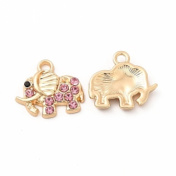 Розовый Подвески со стразами из экологически чистого сплава, очарование слона, золотые, светло-розовый, 14x15.5x2.5 мм, отверстие : 1.8 мм