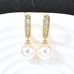 Настоящее золото 18K Круглые серьги-кольца из латуни с микропаве из прозрачных кубических цирконий, с имитацией абс-жемчужины, стойки покрытие, долговечный, без свинца и без кадмия, реальный 18 k позолоченный, 28.5x9.5x14.5 мм