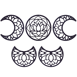 Black Hollow Wood Wall Hanging Ornaments, Wall Decor Door Decoration, Moon Phase with Lotus Pattern, Black, Moon: 200x165~200x5mm, 5pcs/set